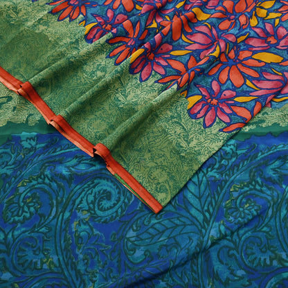 Indian Vintage Sari Green & Blue Pure Crepe Silk Printed Sarees 5yd Sewing Soft Craft Fabric Wrap Dress Making Crafting Quilting Upcycle