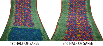 Indian Vintage Sari Green & Blue Pure Crepe Silk Printed Sarees 5yd Sewing Soft Craft Fabric Wrap Dress Making Crafting Quilting Upcycle