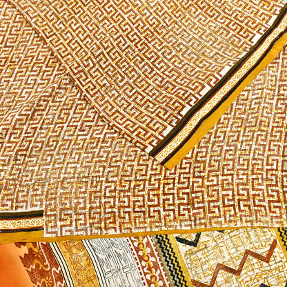 Indian Vintage Ivory Pure Crepe Silk Saree Geometric Print 5 Yards Soft Sewing Fabric for Dressmaking, Quilting, Crafting Upcycling