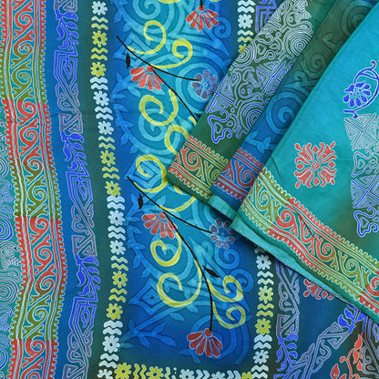 Indian Vintage Sari Green & Blue Pure Crepe Silk Printed Sarees 5yd Sewing Soft Craft Fabric Wrap Dress Making Crafting Quilting Upcycle