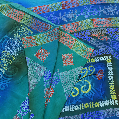 Indian Vintage Sari Green & Blue Pure Crepe Silk Printed Sarees 5yd Sewing Soft Craft Fabric Wrap Dress Making Crafting Quilting Upcycle