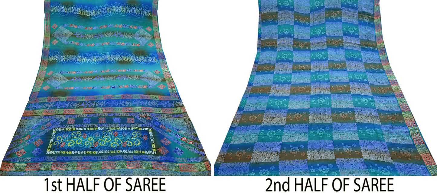 Indian Vintage Sari Green & Blue Pure Crepe Silk Printed Sarees 5yd Sewing Soft Craft Fabric Wrap Dress Making Crafting Quilting Upcycle