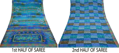 Indian Vintage Sari Green & Blue Pure Crepe Silk Printed Sarees 5yd Sewing Soft Craft Fabric Wrap Dress Making Crafting Quilting Upcycle