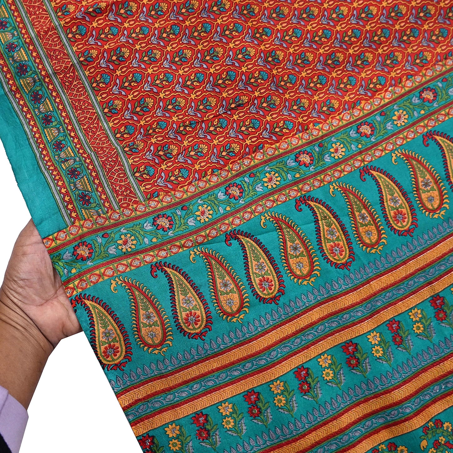 Indian Vintage Sari Green & Red 100% Pure Silk Printed Sarees 5yd Craft Fabric Sewing Soft Dress Making Floral Quilting Crafting Upcycle