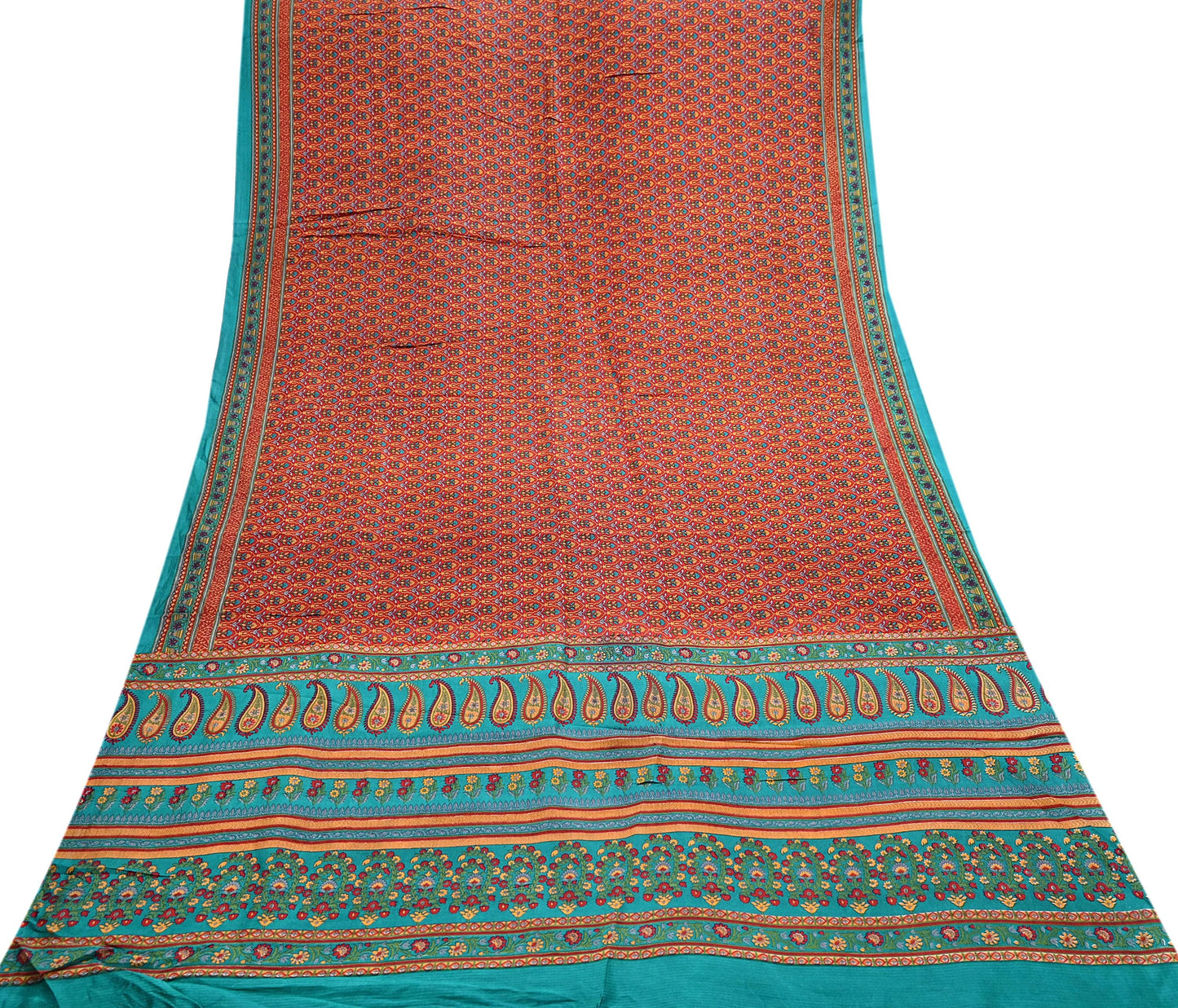 Indian Vintage Sari Green & Red 100% Pure Silk Printed Sarees 5yd Craft Fabric Sewing Soft Dress Making Floral Quilting Crafting Upcycle