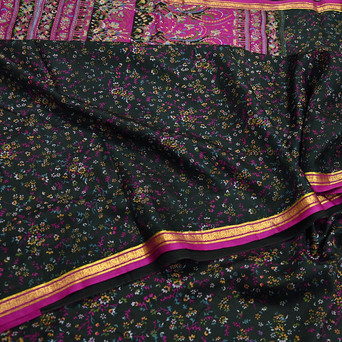 Vintage Black & Purple Pure Silk Saree Indian Printed Silk Fabric 5 Yards Boho Craft Material for Sewing, Quilting, Dressmaking, Upcycling