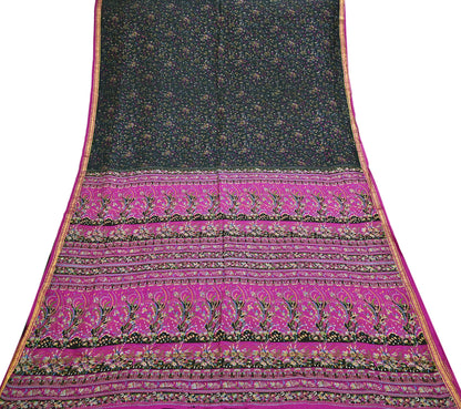 Vintage Black & Purple Pure Silk Saree Indian Printed Silk Fabric 5 Yards Boho Craft Material for Sewing, Quilting, Dressmaking, Upcycling