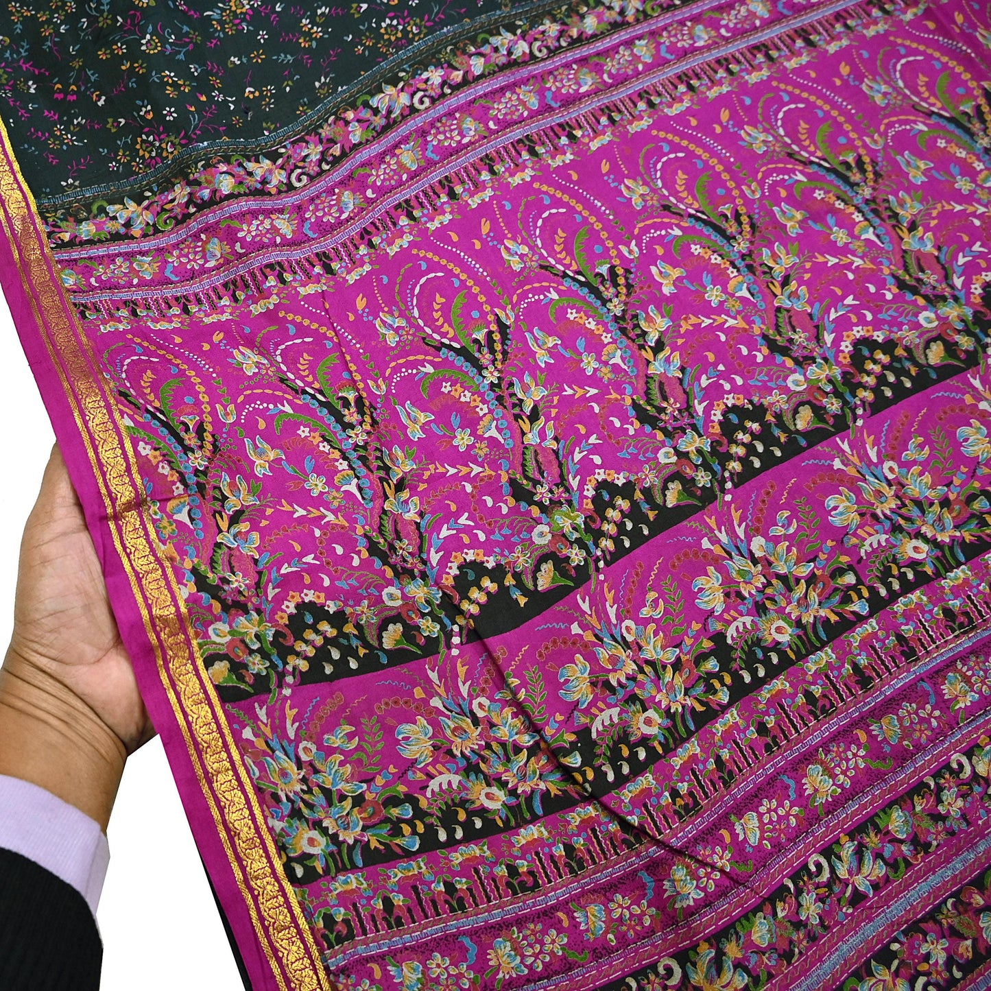 Vintage Black & Purple Pure Silk Saree Indian Printed Silk Fabric 5 Yards Boho Craft Material for Sewing, Quilting, Dressmaking, Upcycling