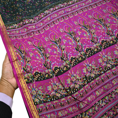 Vintage Black & Purple Pure Silk Saree Indian Printed Silk Fabric 5 Yards Boho Craft Material for Sewing, Quilting, Dressmaking, Upcycling