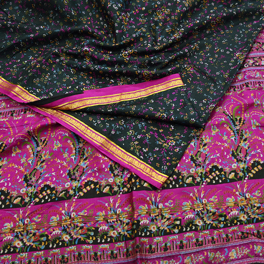 Vintage Black & Purple Pure Silk Saree Indian Printed Silk Fabric 5 Yards Boho Craft Material for Sewing, Quilting, Dressmaking, Upcycling
