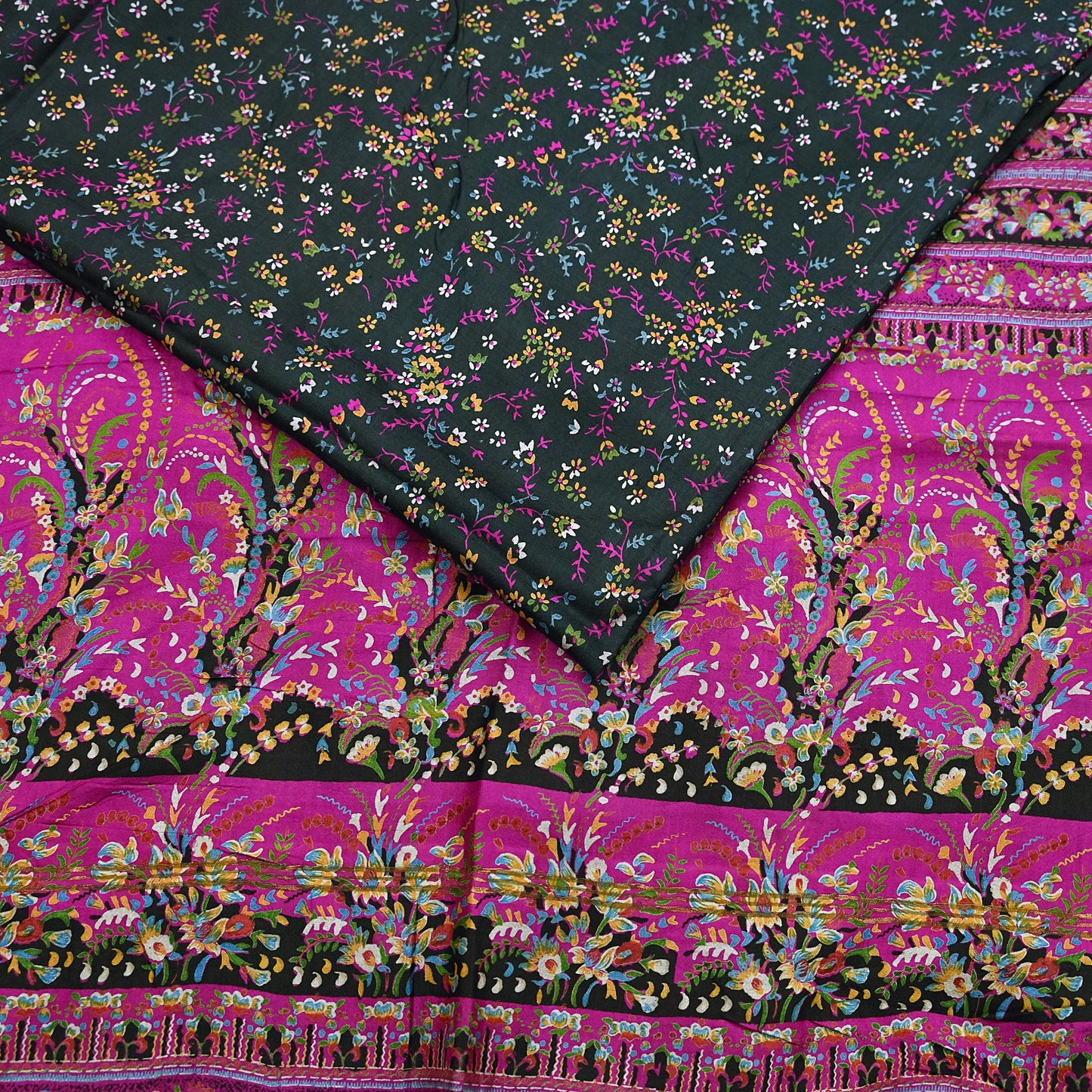 Vintage Black & Purple Pure Silk Saree Indian Printed Silk Fabric 5 Yards Boho Craft Material for Sewing, Quilting, Dressmaking, Upcycling