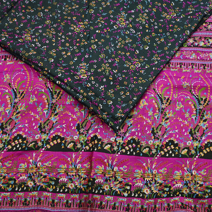 Vintage Black & Purple Pure Silk Saree Indian Printed Silk Fabric 5 Yards Boho Craft Material for Sewing, Quilting, Dressmaking, Upcycling