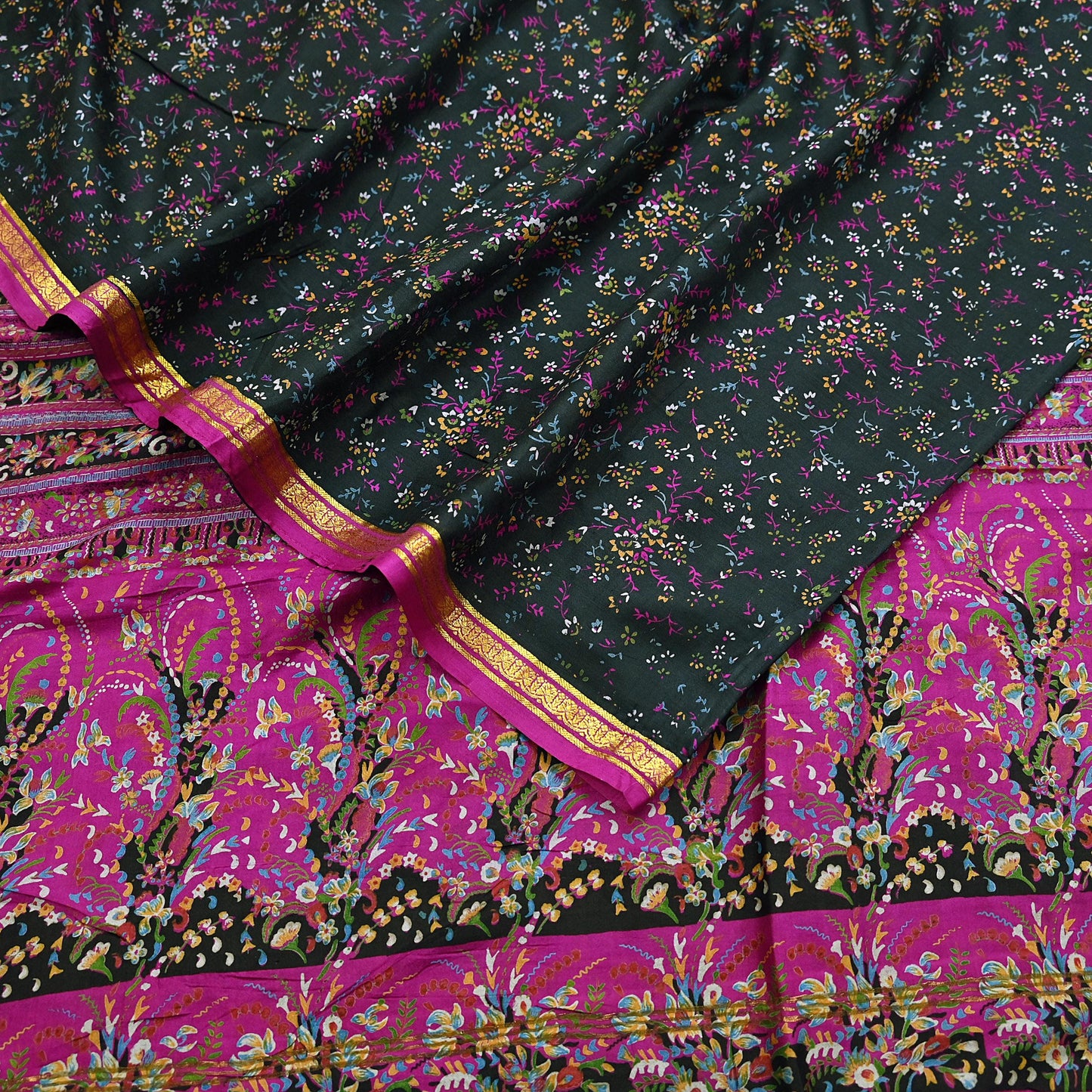 Vintage Black & Purple Pure Silk Saree Indian Printed Silk Fabric 5 Yards Boho Craft Material for Sewing, Quilting, Dressmaking, Upcycling