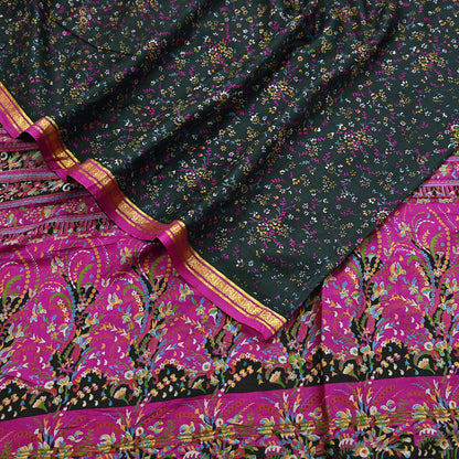 Vintage Black & Purple Pure Silk Saree Indian Printed Silk Fabric 5 Yards Boho Craft Material for Sewing, Quilting, Dressmaking, Upcycling