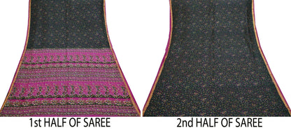 Vintage Black & Purple Pure Silk Saree Indian Printed Silk Fabric 5 Yards Boho Craft Material for Sewing, Quilting, Dressmaking, Upcycling