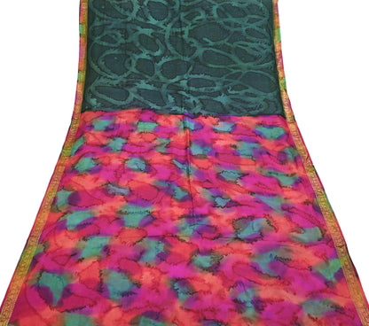 Indian Vintage Sari Green & Multi Pure Silk Printed Tie-Dye Saree Fabric 6yd Sewing Floral Craft Zari Border