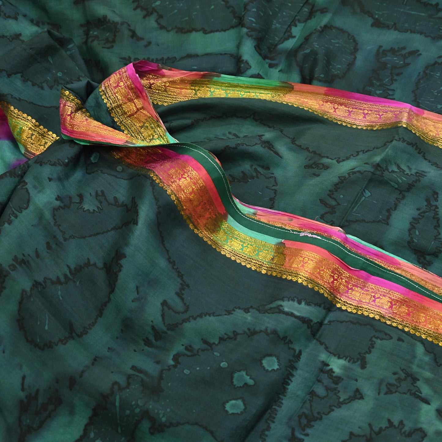 Indian Vintage Sari Green & Multi Pure Silk Printed Tie-Dye Saree Fabric 6yd Sewing Floral Craft Zari Border