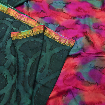 Indian Vintage Sari Green & Multi Pure Silk Printed Tie-Dye Saree Fabric 6yd Sewing Floral Craft Zari Border