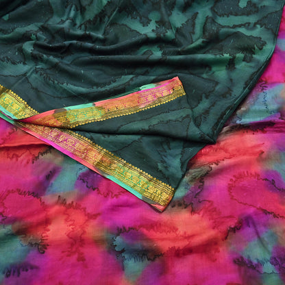 Indian Vintage Sari Green & Multi Pure Silk Printed Tie-Dye Saree Fabric 6yd Sewing Floral Craft Zari Border