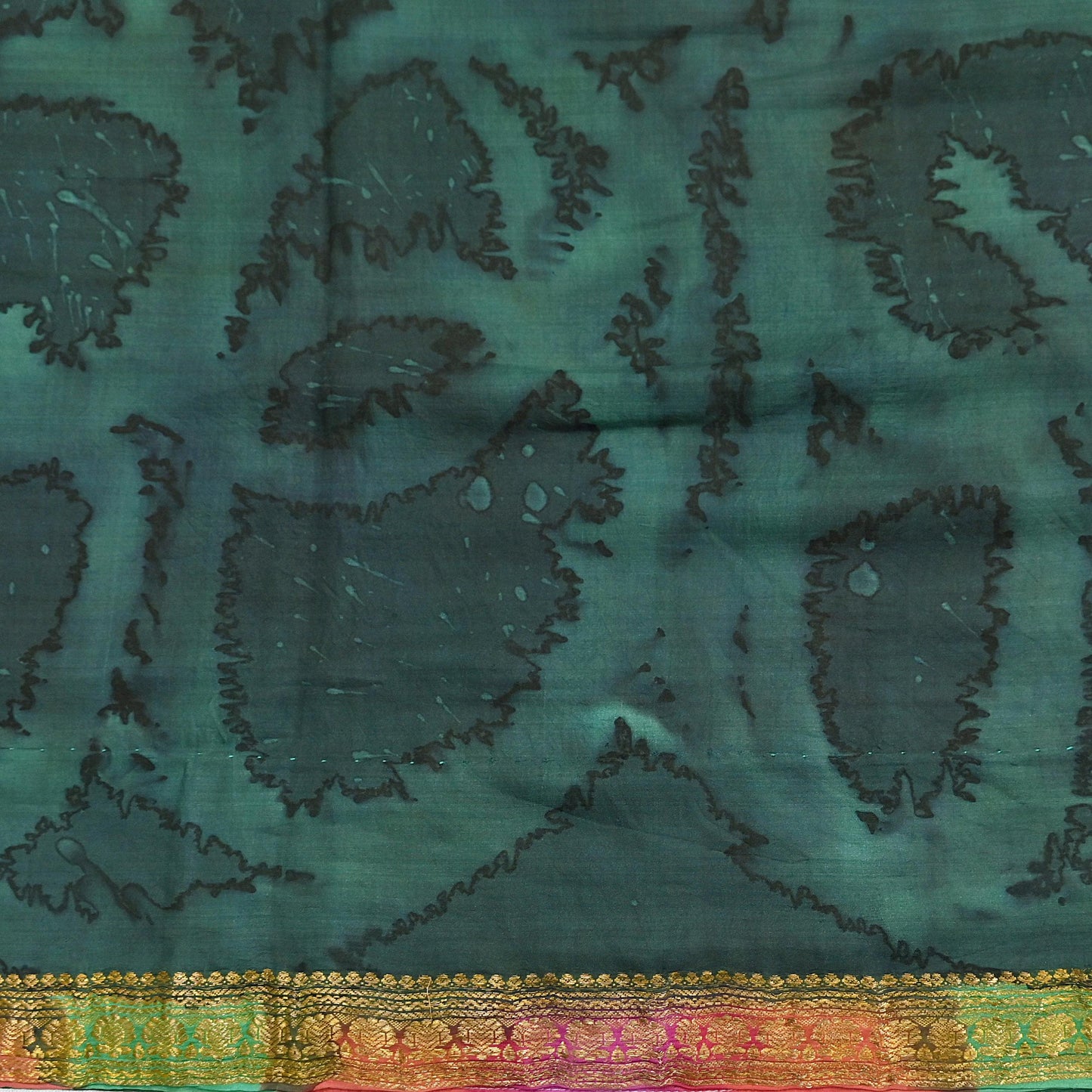 Indian Vintage Sari Green & Multi Pure Silk Printed Tie-Dye Saree Fabric 6yd Sewing Floral Craft Zari Border