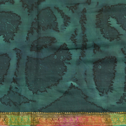 Indian Vintage Sari Green & Multi Pure Silk Printed Tie-Dye Saree Fabric 6yd Sewing Floral Craft Zari Border
