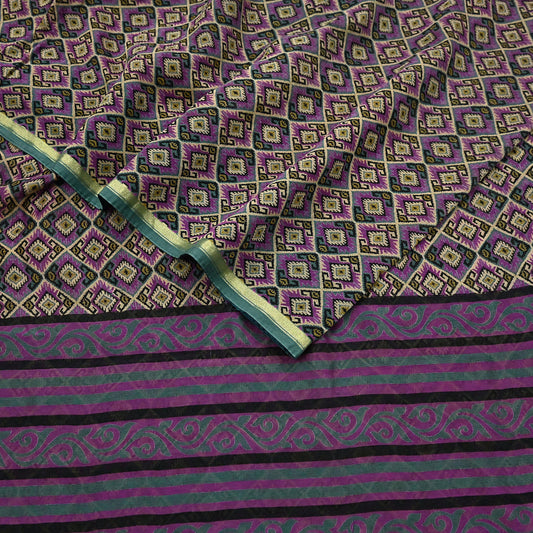 Vintage Green & Purple Block Printed Pure Chanderi Silk Saree Floral Zari Border 5 Yards | Soft Craft Fabric for Upcycling, Dressmaking,
