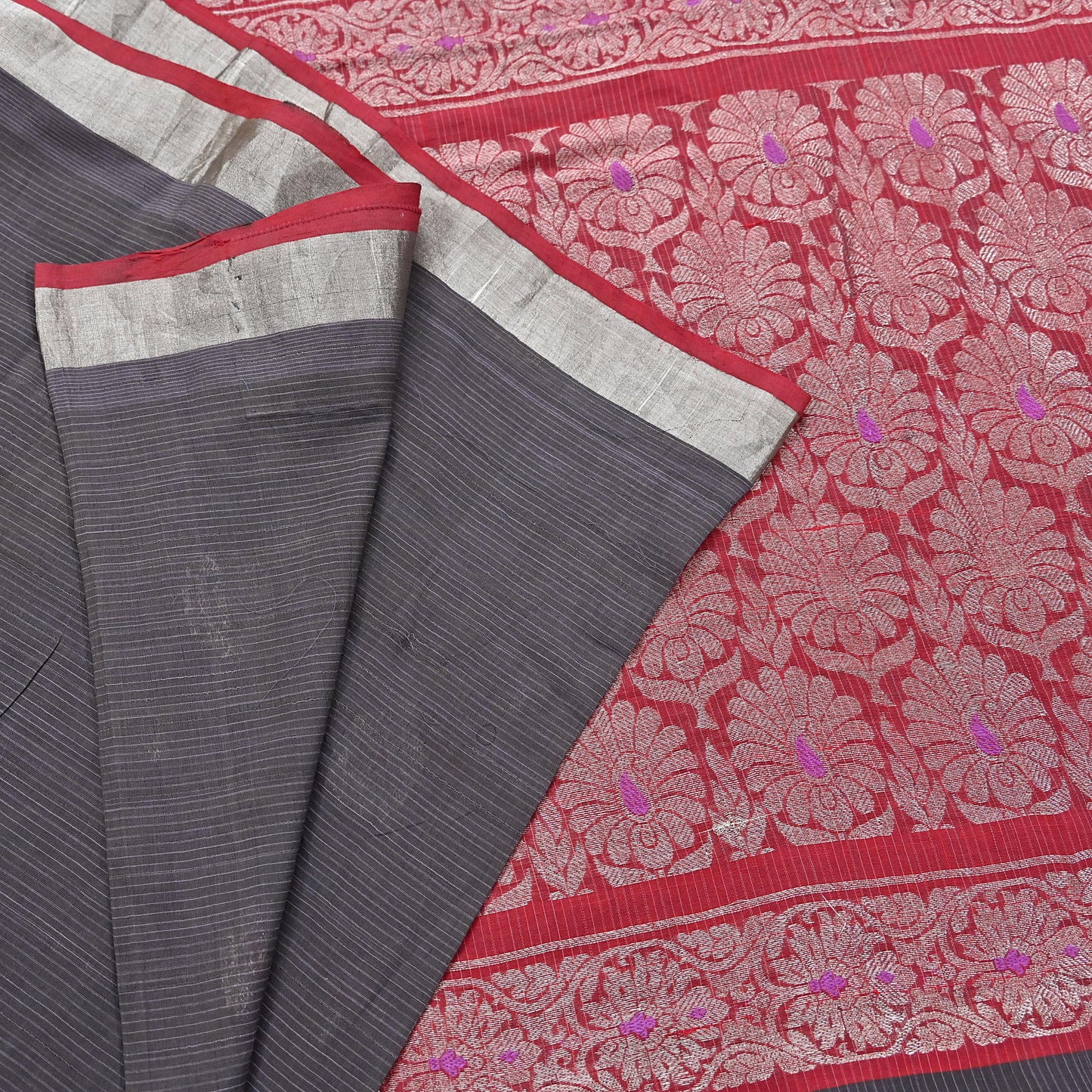 Indian Vintage Sari Red & Brown Pure Cotton Hand Woven Sarees Craft Fabric 5yd Ethnic Crafting Upcycle Quilting Dress Making Quilting Zari