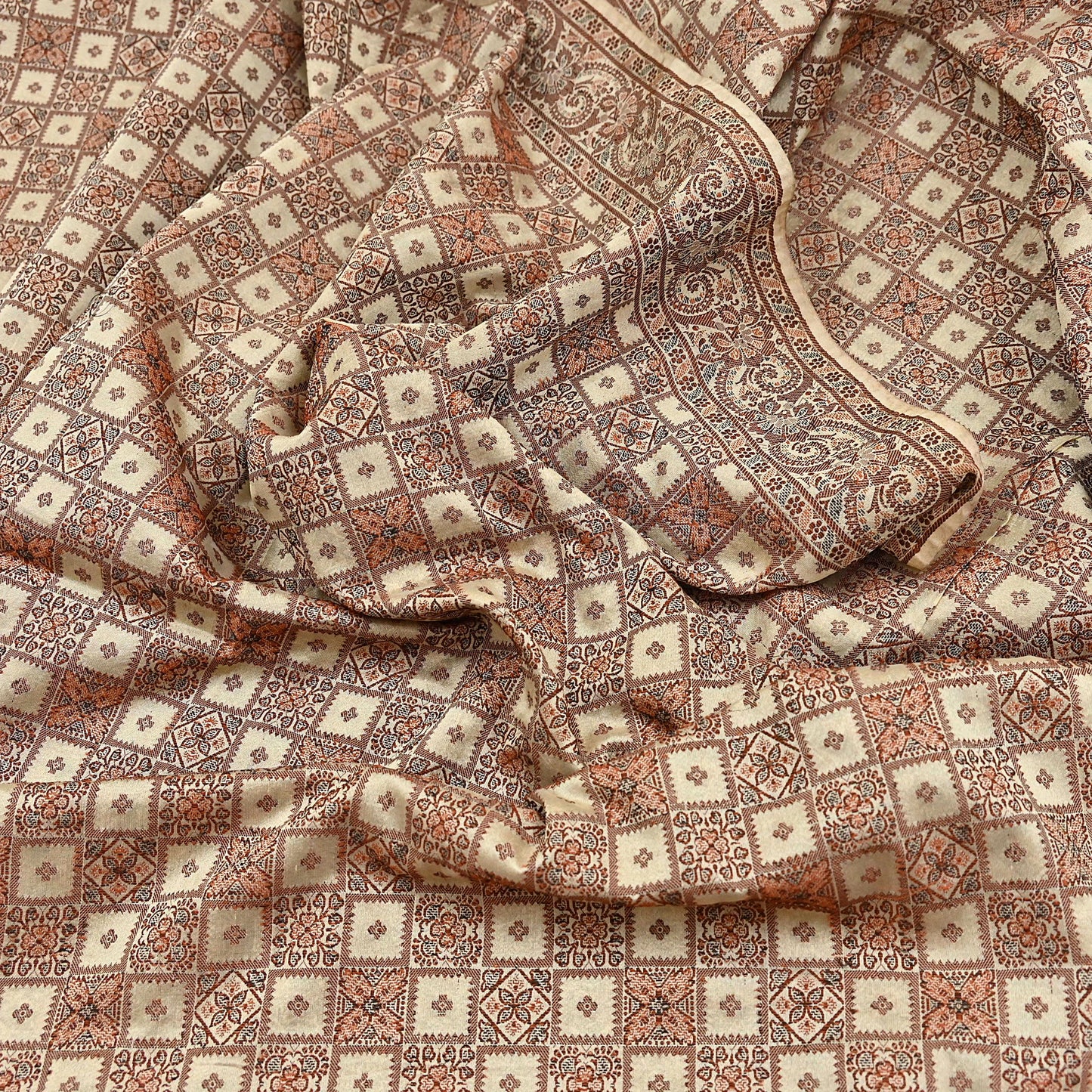 Indian Vintage Heavy Beige Hand Woven Saree 100% Pure Silk Sari 6Yard Floral Dress making Crafting Quilting Upcycle