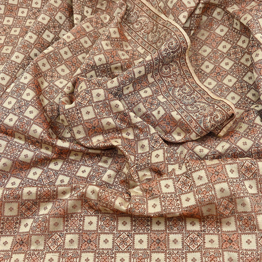 Indian Vintage Heavy Beige Hand Woven Saree 100% Pure Silk Sari 6Yard Floral Dress making Crafting Quilting Upcycle