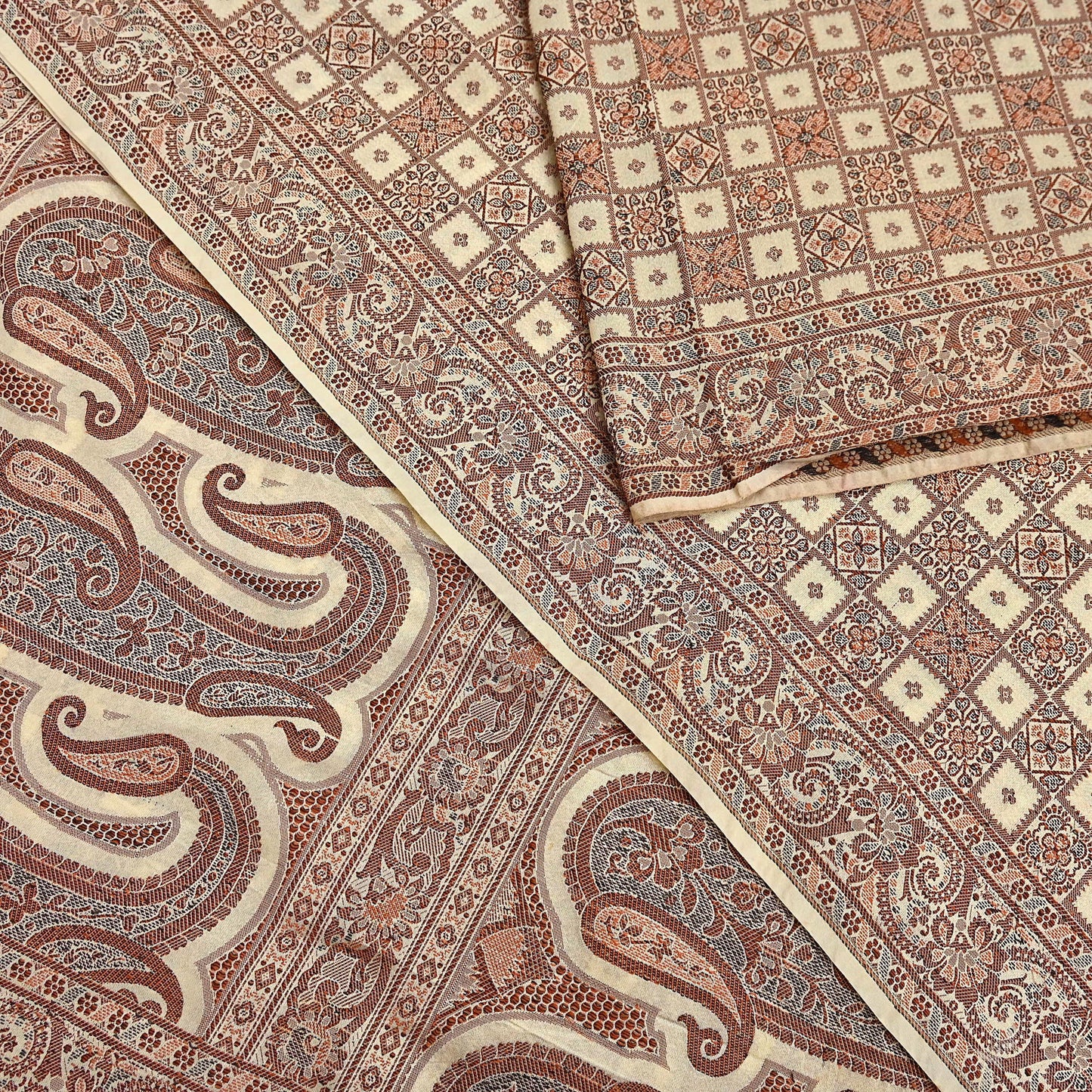 Indian Vintage Heavy Beige Hand Woven Saree 100% Pure Silk Sari 6Yard Floral Dress making Crafting Quilting Upcycle