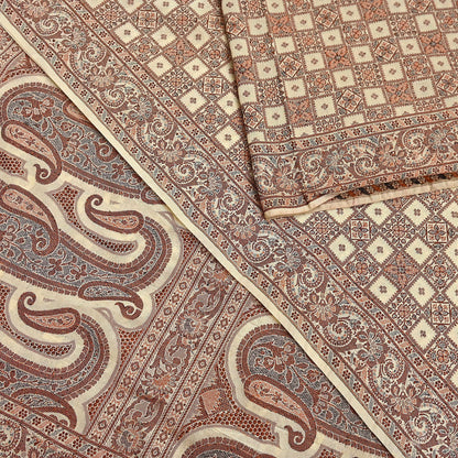 Indian Vintage Heavy Beige Hand Woven Saree 100% Pure Silk Sari 6Yard Floral Dress making Crafting Quilting Upcycle