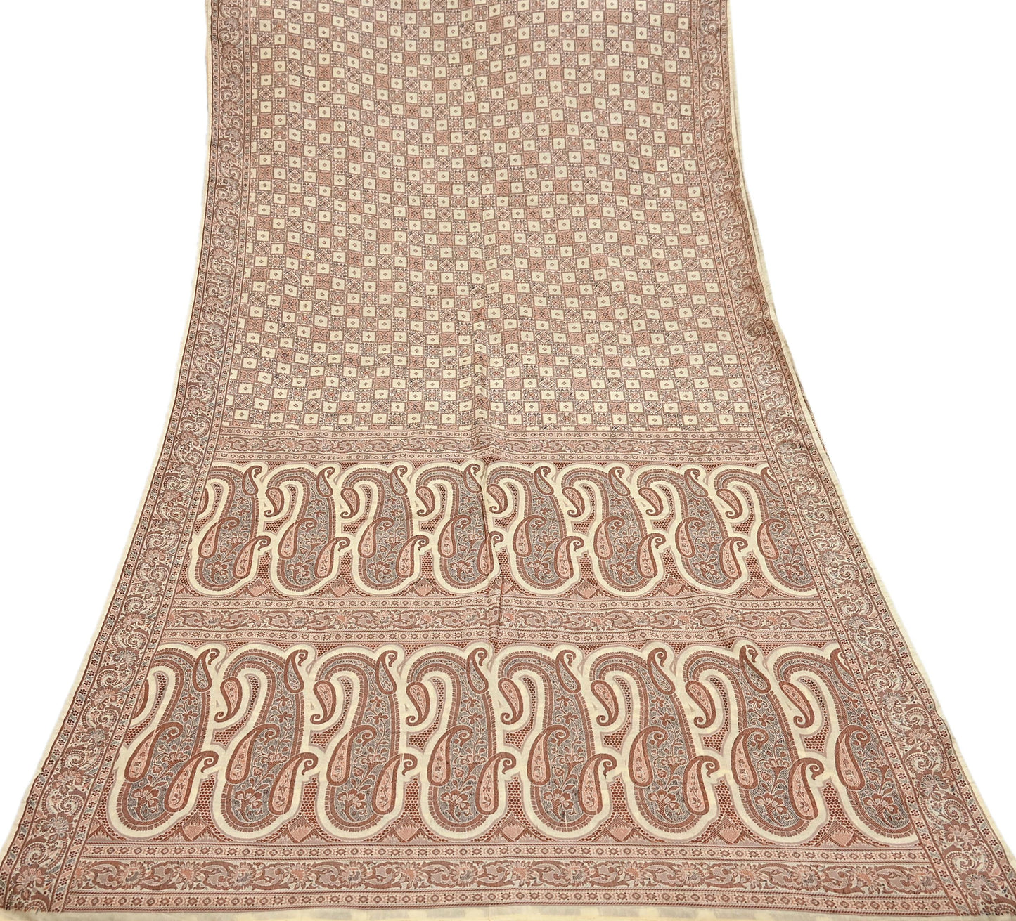 Indian Vintage Heavy Beige Hand Woven Saree 100% Pure Silk Sari 6Yard Floral Dress making Crafting Quilting Upcycle