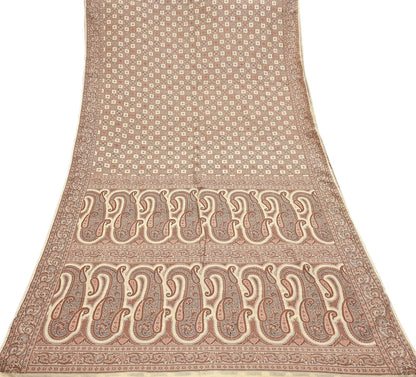 Indian Vintage Heavy Beige Hand Woven Saree 100% Pure Silk Sari 6Yard Floral Dress making Crafting Quilting Upcycle