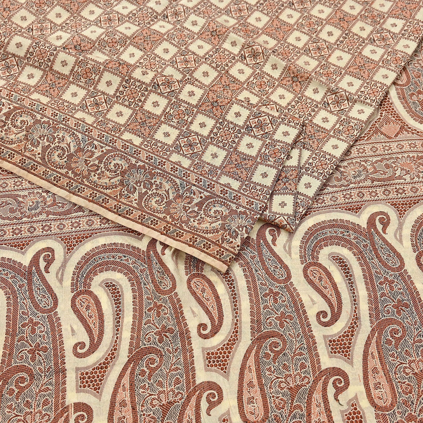 Indian Vintage Heavy Beige Hand Woven Saree 100% Pure Silk Sari 6Yard Floral Dress making Crafting Quilting Upcycle