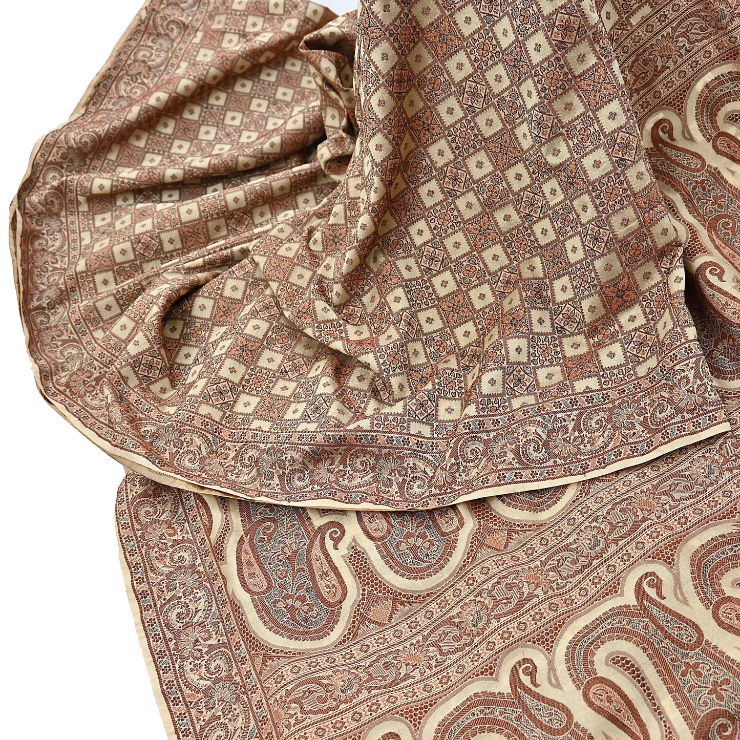 Indian Vintage Heavy Beige Hand Woven Saree 100% Pure Silk Sari 6Yard Floral Dress making Crafting Quilting Upcycle
