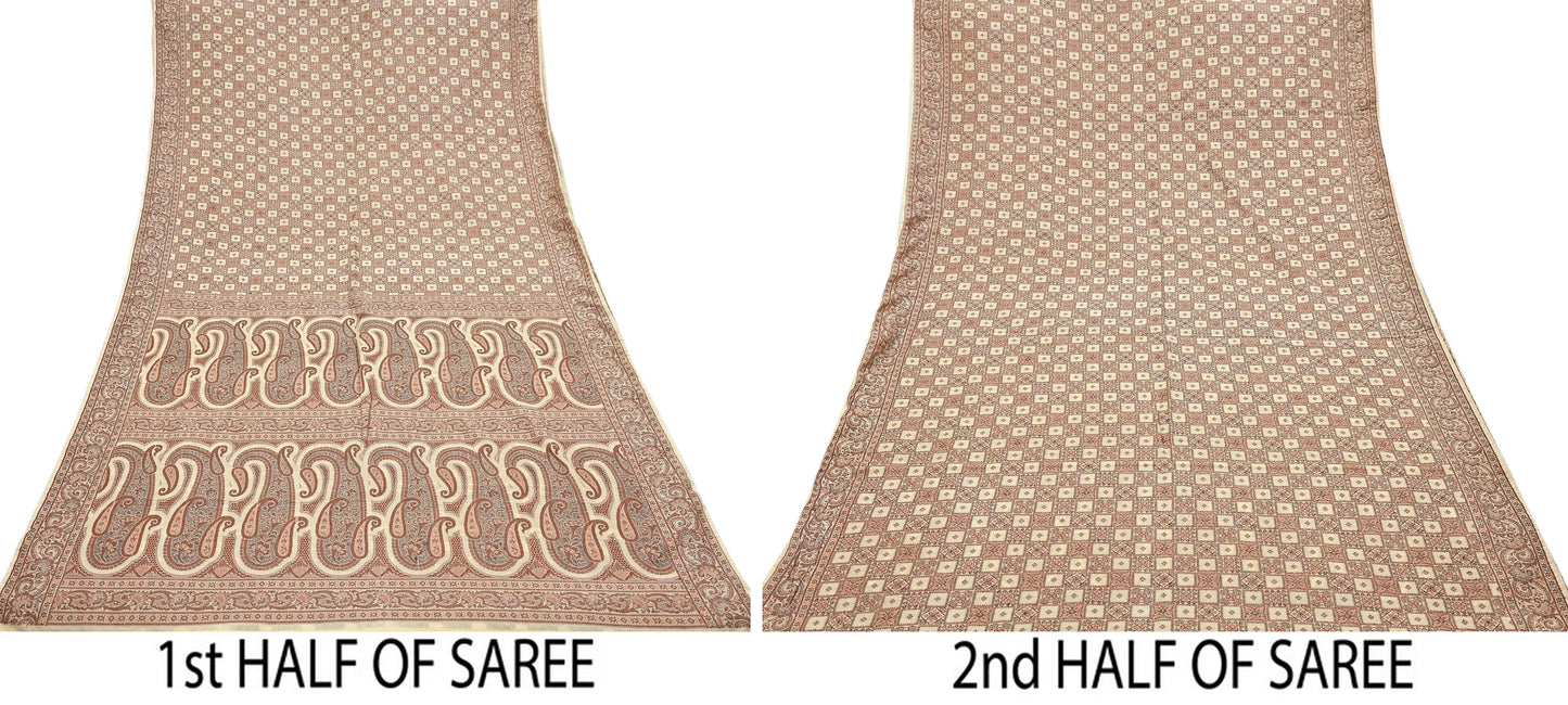 Indian Vintage Heavy Beige Hand Woven Saree 100% Pure Silk Sari 6Yard Floral Dress making Crafting Quilting Upcycle