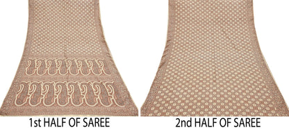Indian Vintage Heavy Beige Hand Woven Saree 100% Pure Silk Sari 6Yard Floral Dress making Crafting Quilting Upcycle
