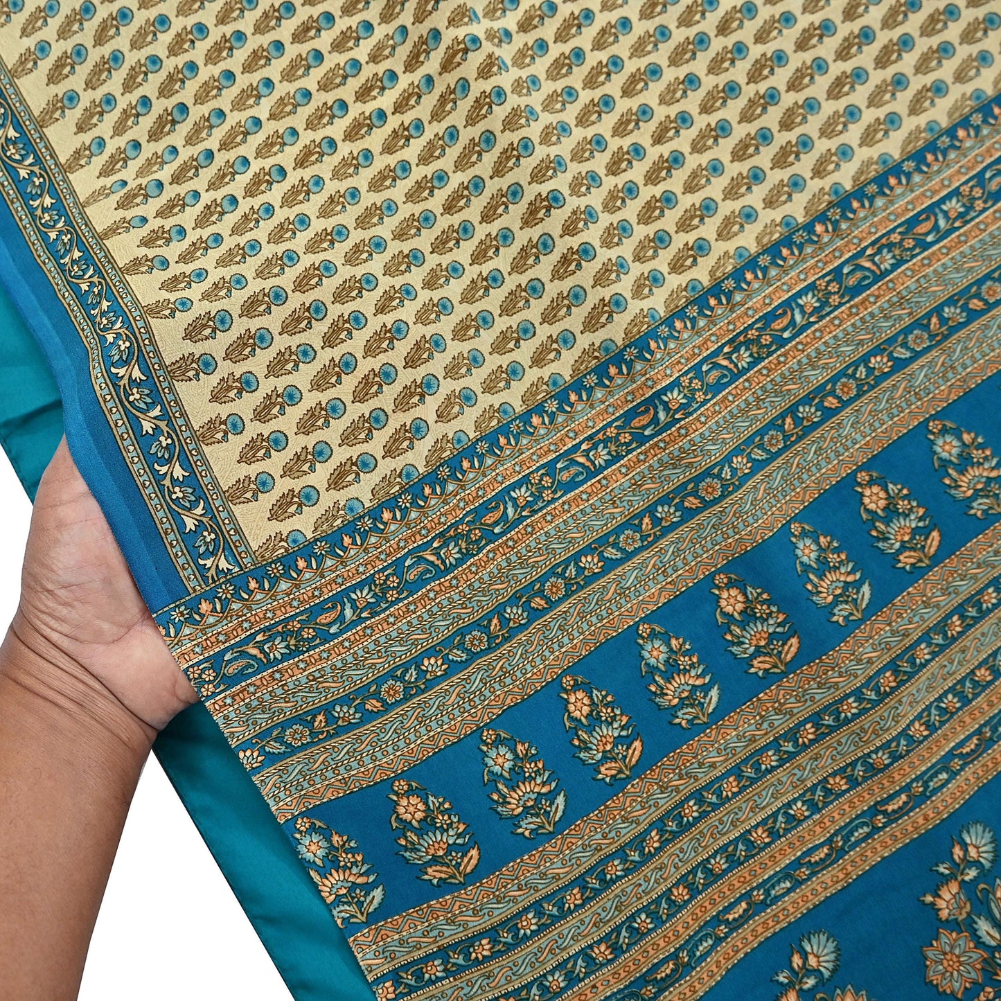 Indian Vintage blue & Beige Pure Crepe Silk Saree Floral Print 5 Yards Soft Sewing Fabric for Dressmaking, Quilting, Crafting Upcycling