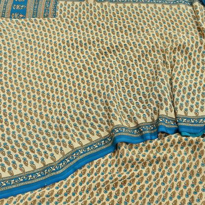 Indian Vintage blue & Beige Pure Crepe Silk Saree Floral Print 5 Yards Soft Sewing Fabric for Dressmaking, Quilting, Crafting Upcycling