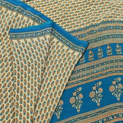 Indian Vintage blue & Beige Pure Crepe Silk Saree Floral Print 5 Yards Soft Sewing Fabric for Dressmaking, Quilting, Crafting Upcycling