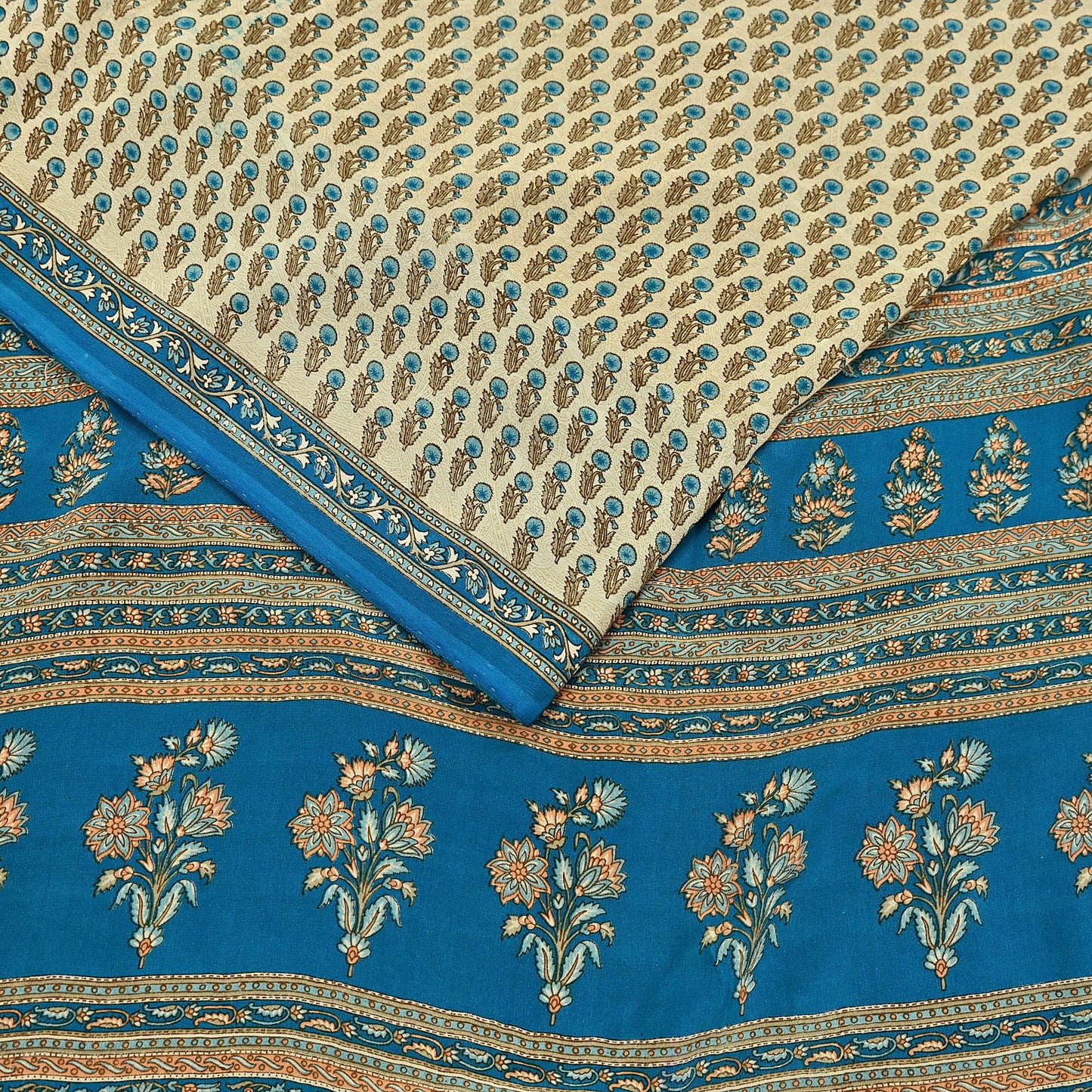 Indian Vintage blue & Beige Pure Crepe Silk Saree Floral Print 5 Yards Soft Sewing Fabric for Dressmaking, Quilting, Crafting Upcycling