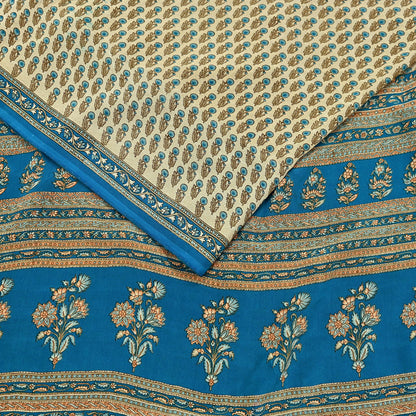 Indian Vintage blue & Beige Pure Crepe Silk Saree Floral Print 5 Yards Soft Sewing Fabric for Dressmaking, Quilting, Crafting Upcycling