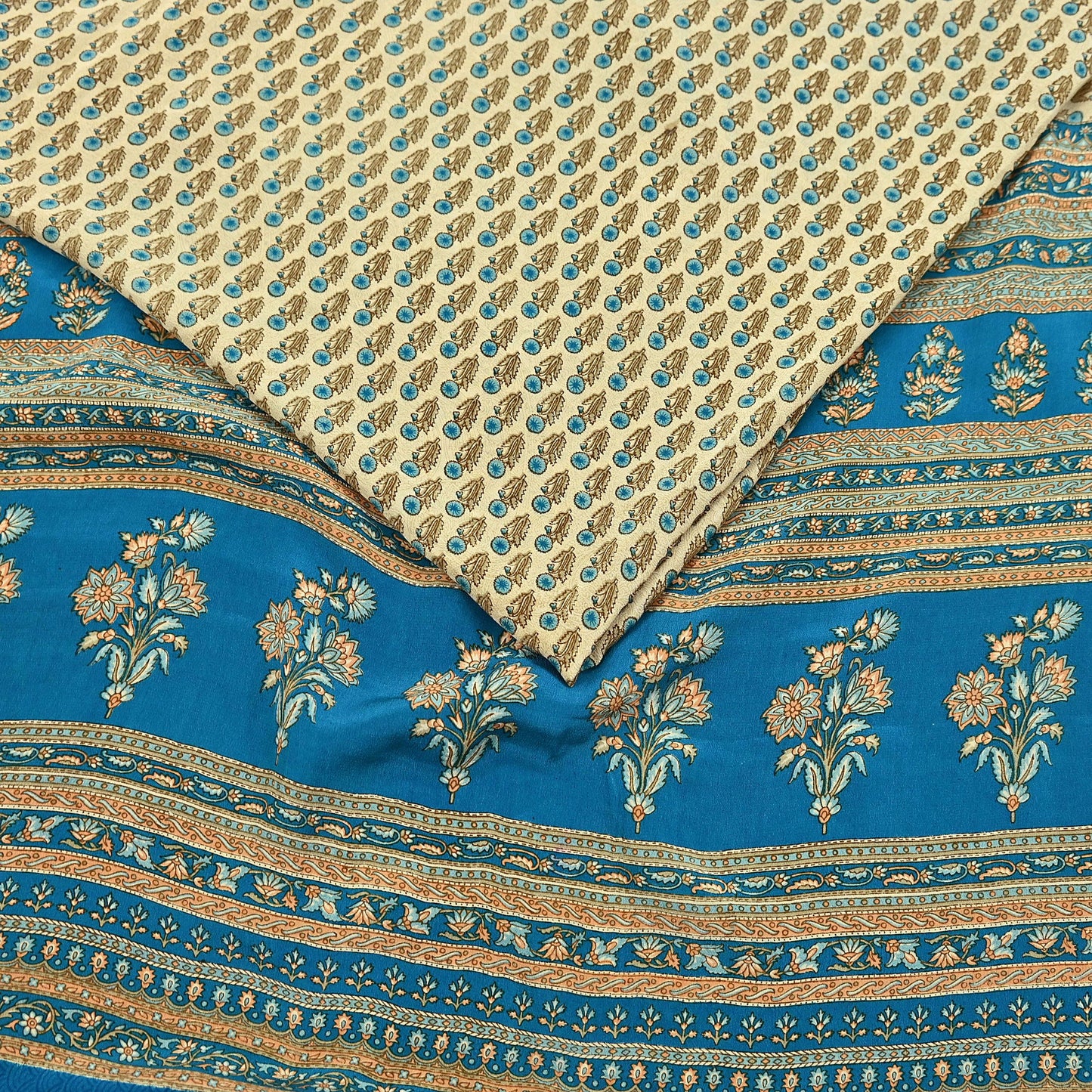 Indian Vintage blue & Beige Pure Crepe Silk Saree Floral Print 5 Yards Soft Sewing Fabric for Dressmaking, Quilting, Crafting Upcycling
