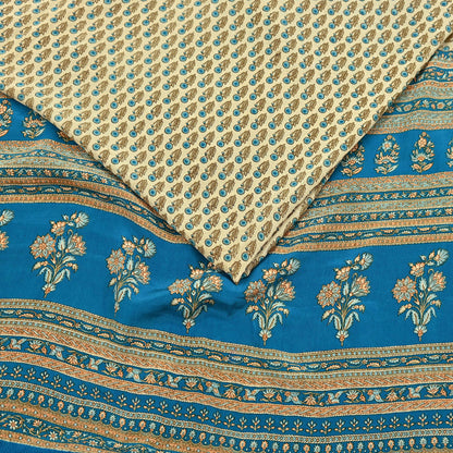 Indian Vintage blue & Beige Pure Crepe Silk Saree Floral Print 5 Yards Soft Sewing Fabric for Dressmaking, Quilting, Crafting Upcycling