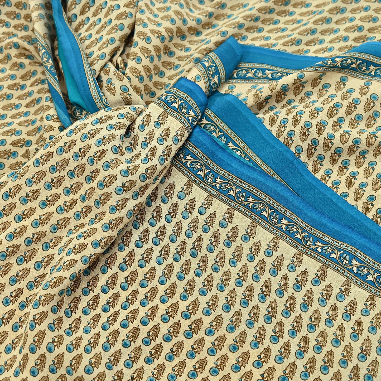 Indian Vintage blue & Beige Pure Crepe Silk Saree Floral Print 5 Yards Soft Sewing Fabric for Dressmaking, Quilting, Crafting Upcycling