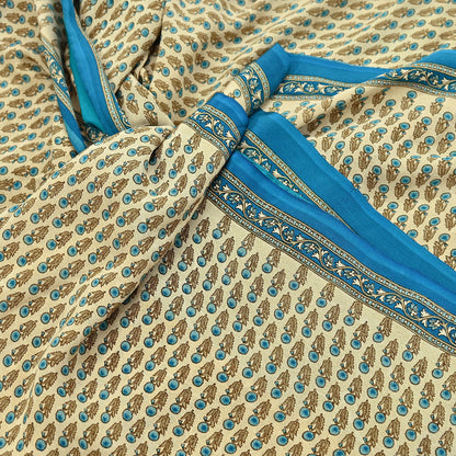 Indian Vintage blue & Beige Pure Crepe Silk Saree Floral Print 5 Yards Soft Sewing Fabric for Dressmaking, Quilting, Crafting Upcycling