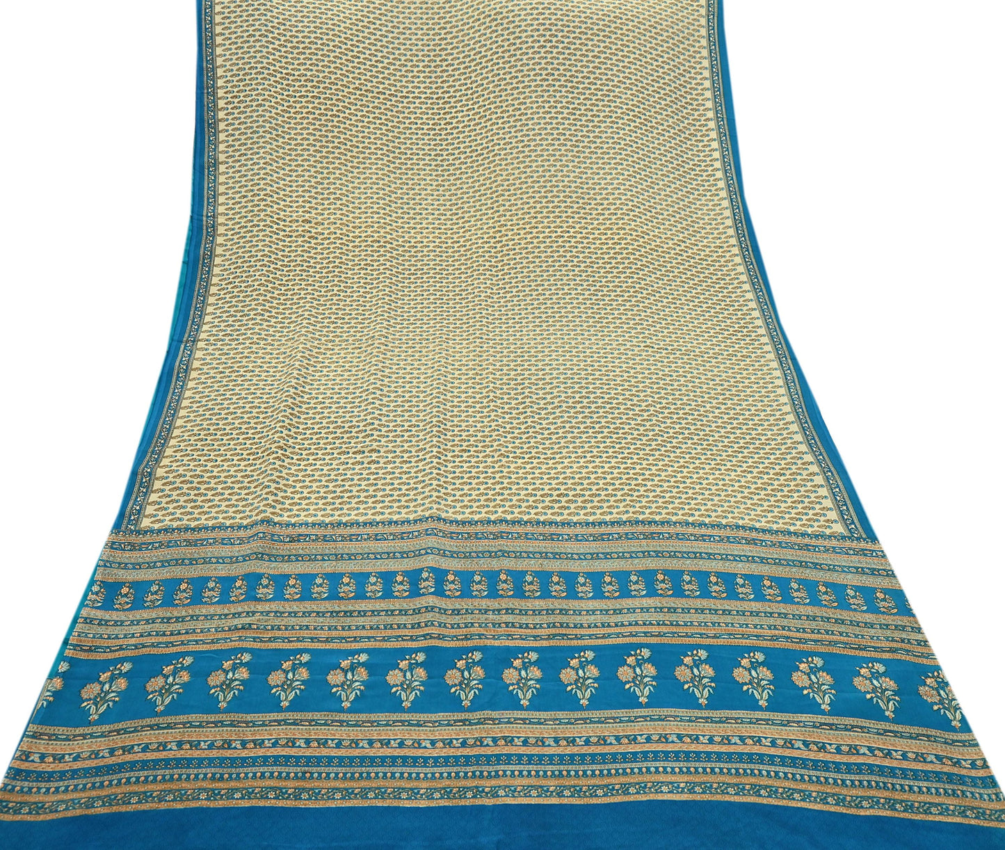 Indian Vintage blue & Beige Pure Crepe Silk Saree Floral Print 5 Yards Soft Sewing Fabric for Dressmaking, Quilting, Crafting Upcycling