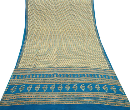 Indian Vintage blue & Beige Pure Crepe Silk Saree Floral Print 5 Yards Soft Sewing Fabric for Dressmaking, Quilting, Crafting Upcycling