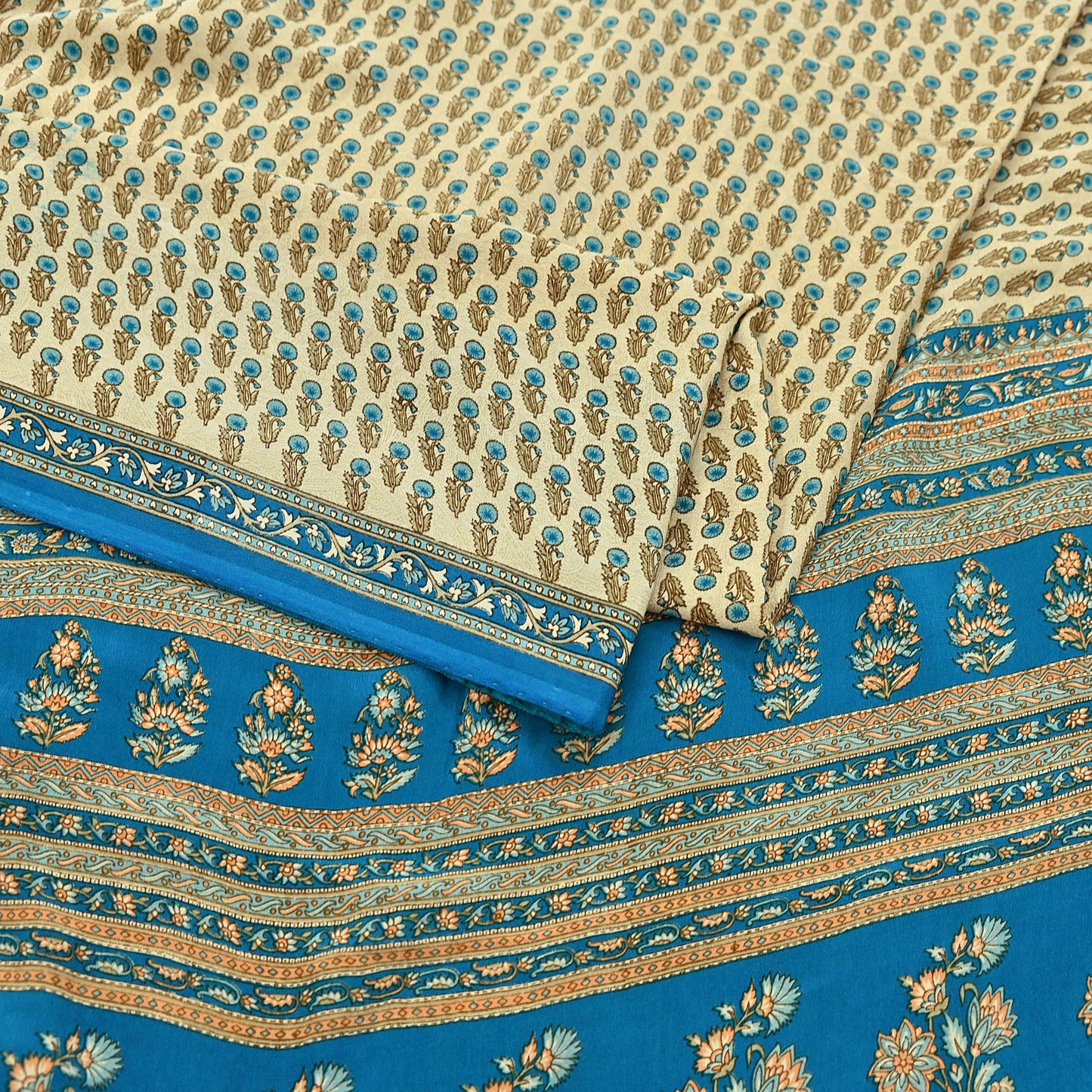 Indian Vintage blue & Beige Pure Crepe Silk Saree Floral Print 5 Yards Soft Sewing Fabric for Dressmaking, Quilting, Crafting Upcycling