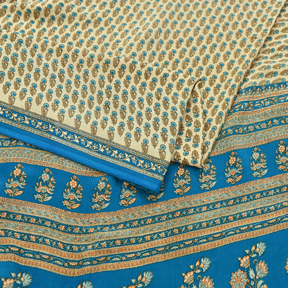 Indian Vintage blue & Beige Pure Crepe Silk Saree Floral Print 5 Yards Soft Sewing Fabric for Dressmaking, Quilting, Crafting Upcycling